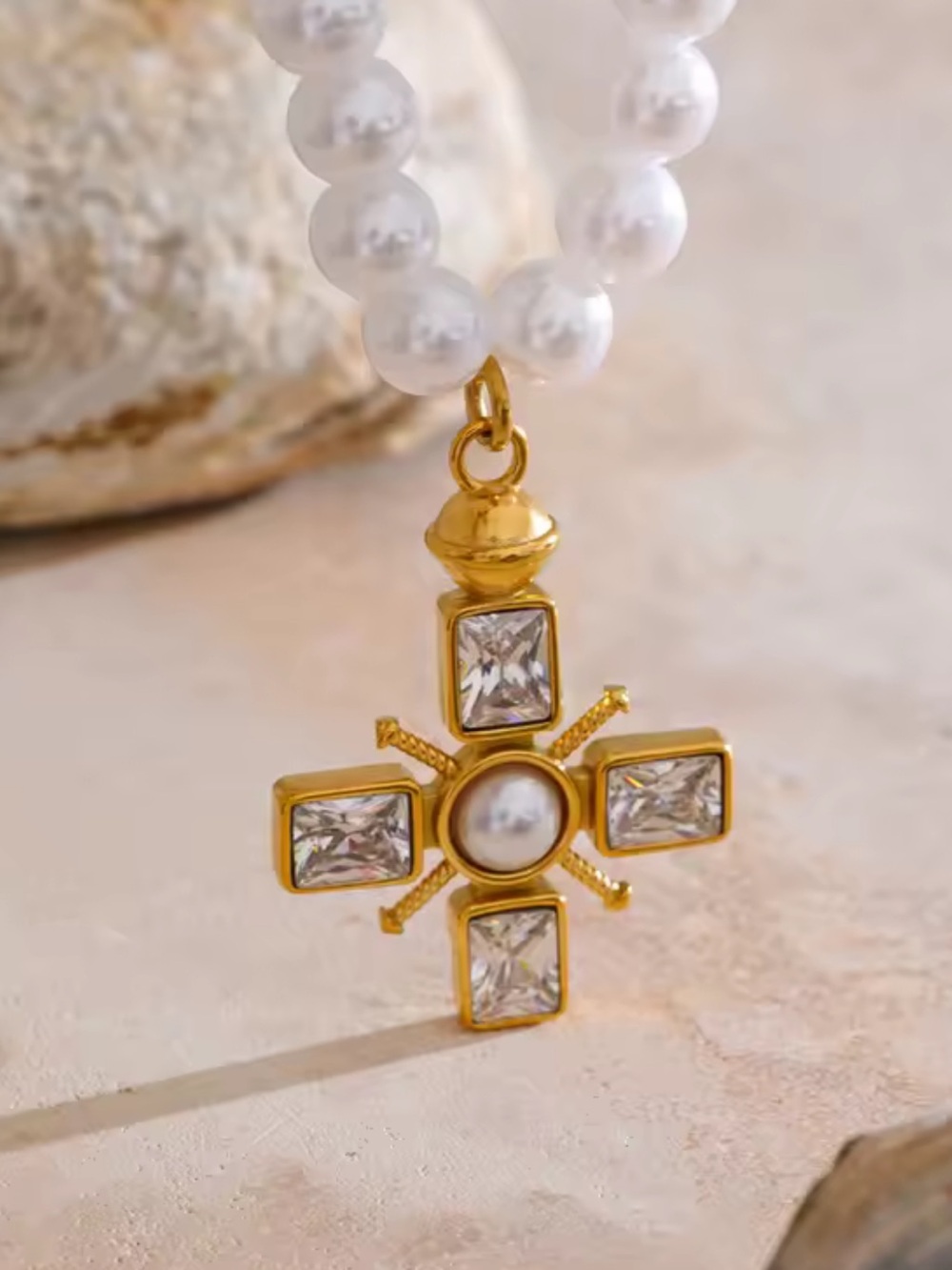 Gold Cross Pearl Pendant Necklace - Picture 15 of 16